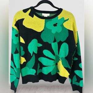 Cynthia Rowley Black Crewneck Sweater with Green & Yellow Floral Jacquard